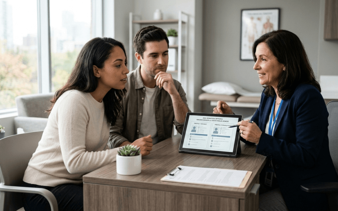 A fertility doctor uses a tablet to show a couple two donor profiles during a consultation in a fertility clinic.