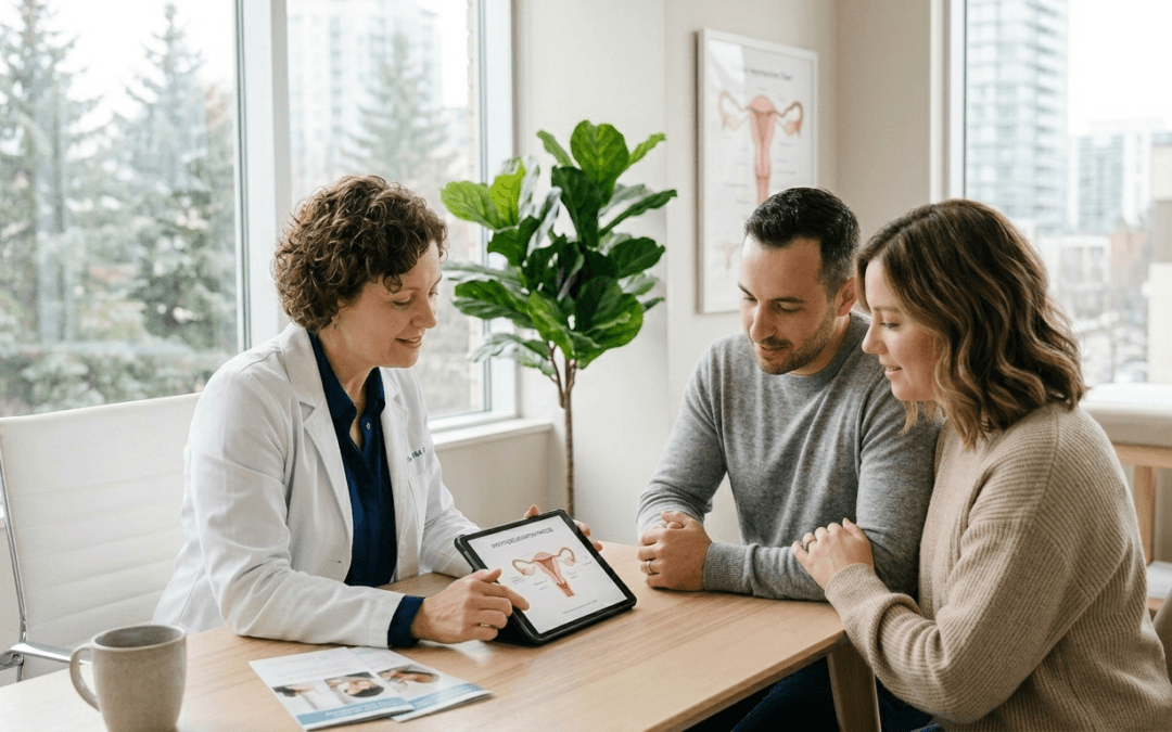 A female doctor uses a tablet to show an anatomical diagram to a couple in a light-filled consultation room.